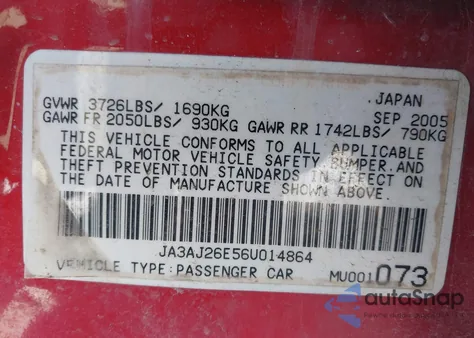 2006 Mitsubishi Lancer Es/Se from USA, damaged, VIN JA3AJ26E56U014864